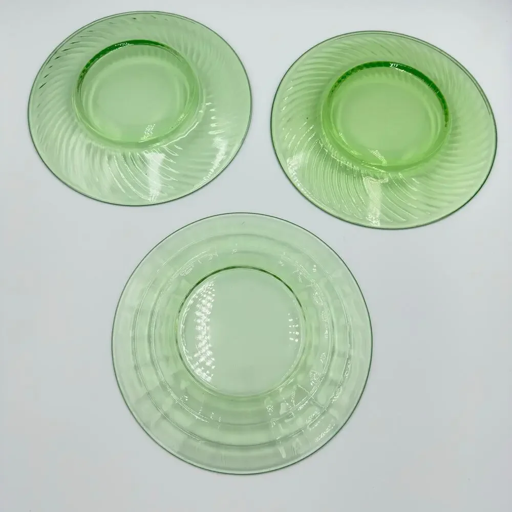 Anchor Hocking Green Depression Glass Swirl & Optic Luncheon 3pc Plate Set